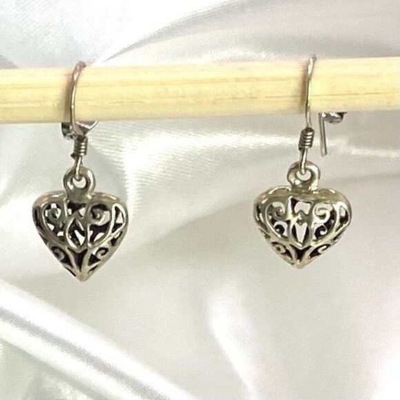 APF Sterling 925 Heart Filigree 1” Dangle Earrings - Picture 1 of 6